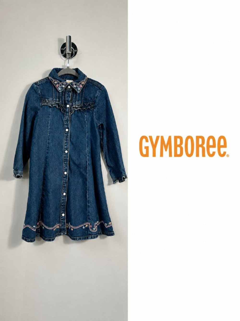 Gymboree Girls Size 5 Denim Shirt Dress Embroidered Floral Ruffle Western Jean